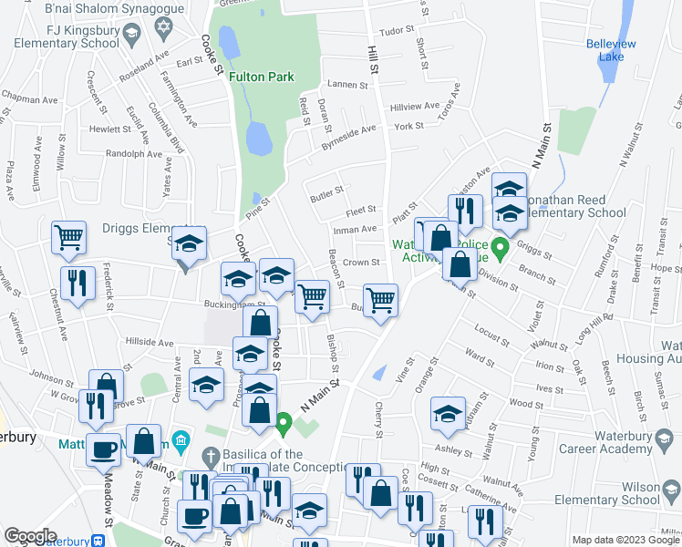 map of restaurants, bars, coffee shops, grocery stores, and more near 50 Summer Street in Waterbury