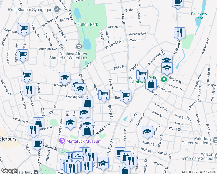 map of restaurants, bars, coffee shops, grocery stores, and more near 162 Bishop Street in Waterbury