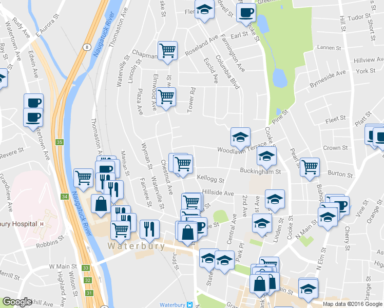 map of restaurants, bars, coffee shops, grocery stores, and more near 11 Ridgewood Street in Waterbury