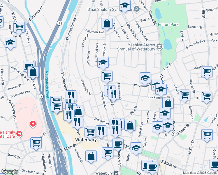 map of restaurants, bars, coffee shops, grocery stores, and more near 215 Willow Street in Waterbury