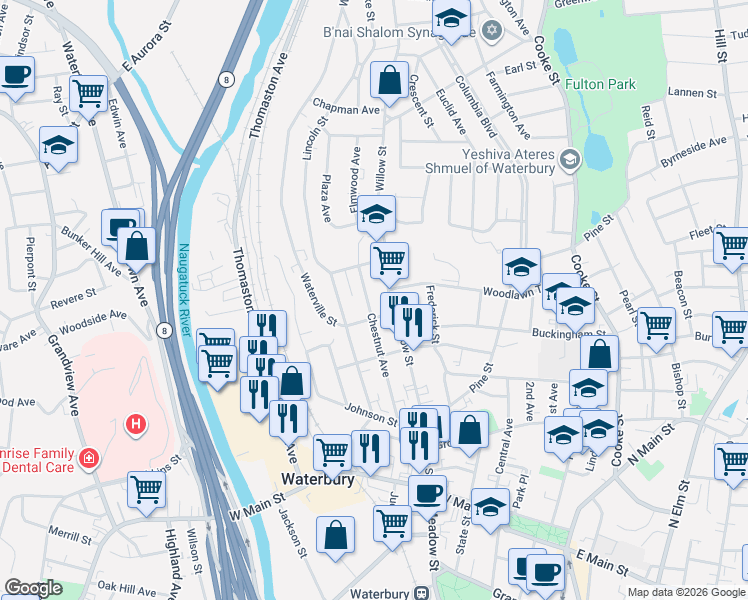 map of restaurants, bars, coffee shops, grocery stores, and more near 215 Willow Street in Waterbury