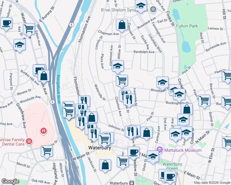 map of restaurants, bars, coffee shops, grocery stores, and more near 12 Wyman Street in Waterbury