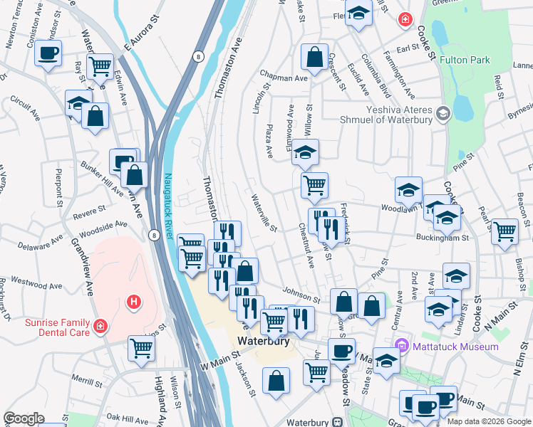 map of restaurants, bars, coffee shops, grocery stores, and more near 147 Waterville Street in Waterbury