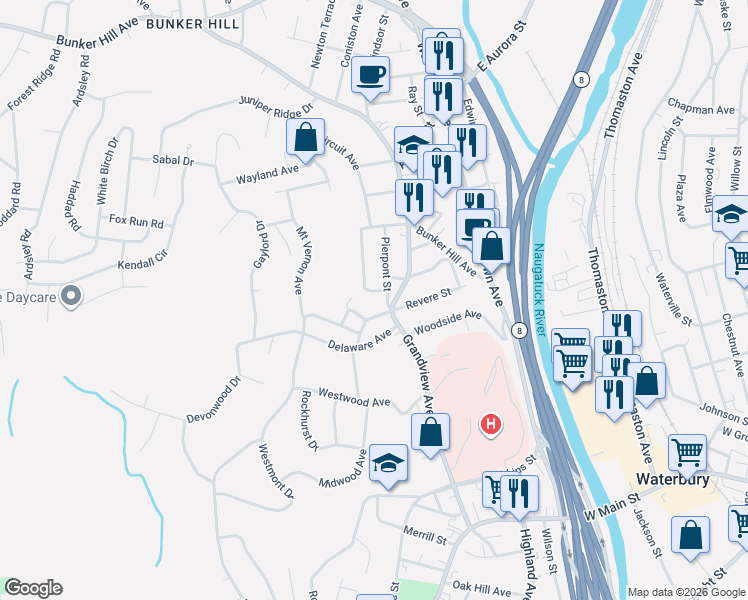 map of restaurants, bars, coffee shops, grocery stores, and more near 148 Revere Saint Exn in Waterbury