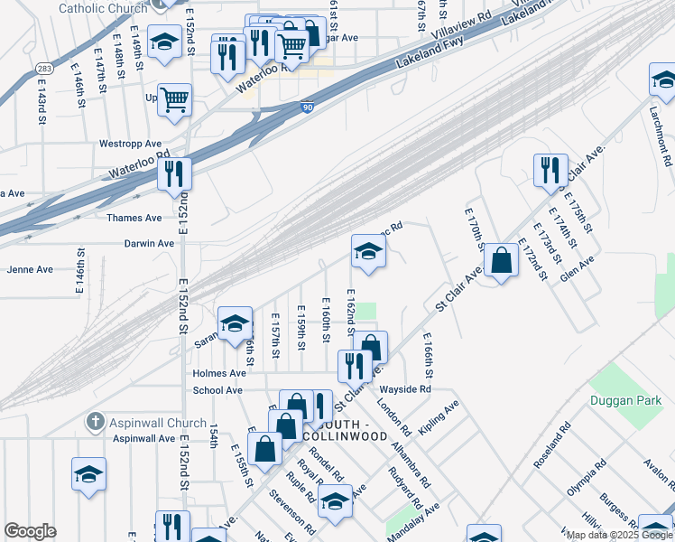 map of restaurants, bars, coffee shops, grocery stores, and more near 643 East 160th Street in Cleveland