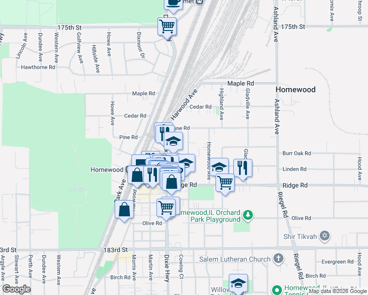 map of restaurants, bars, coffee shops, grocery stores, and more near 17949 Dixie Highway in Homewood
