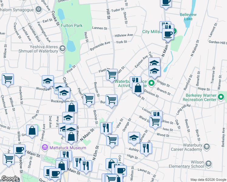 map of restaurants, bars, coffee shops, grocery stores, and more near 37 Hill Street in Waterbury