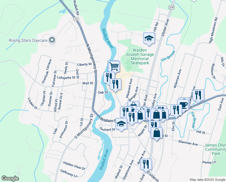 map of restaurants, bars, coffee shops, grocery stores, and more near 76 Oak Street in Walden