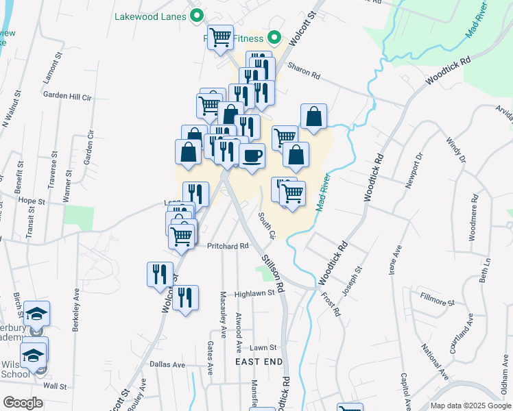 map of restaurants, bars, coffee shops, grocery stores, and more near 23 Framingham Drive in Waterbury