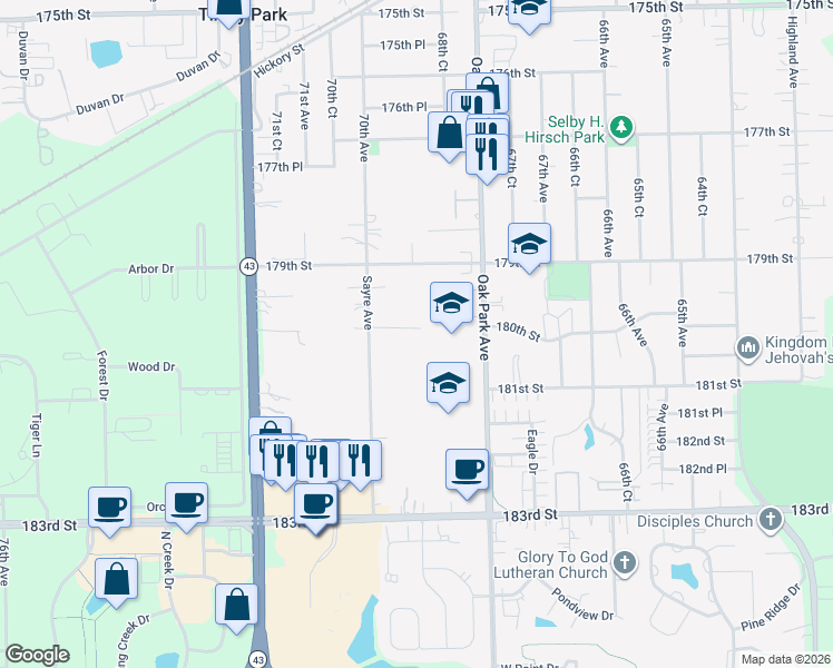 map of restaurants, bars, coffee shops, grocery stores, and more near 6901 180th Street in Tinley Park