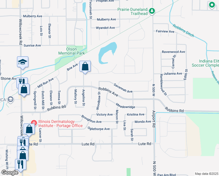 map of restaurants, bars, coffee shops, grocery stores, and more near 6346 Robbins Road in Portage