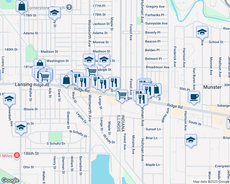 map of restaurants, bars, coffee shops, grocery stores, and more near 3679 Ridge Road in Lansing