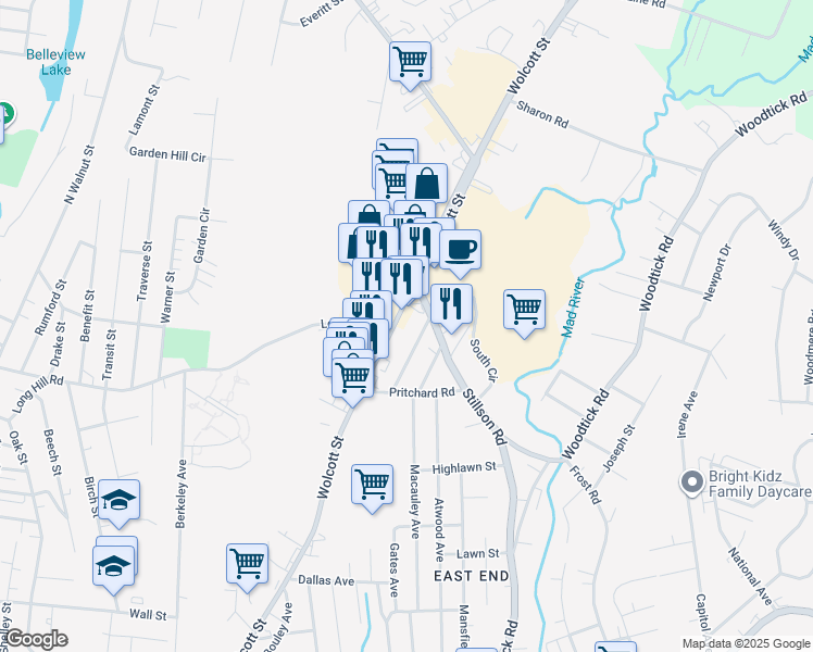 map of restaurants, bars, coffee shops, grocery stores, and more near 800 Wolcott Street in Waterbury