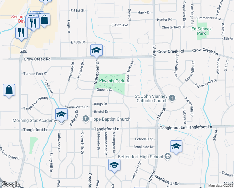 map of restaurants, bars, coffee shops, grocery stores, and more near 2023 Queens Drive in Bettendorf