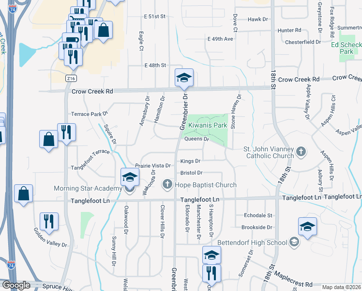 map of restaurants, bars, coffee shops, grocery stores, and more near 1809 Providence Drive in Bettendorf