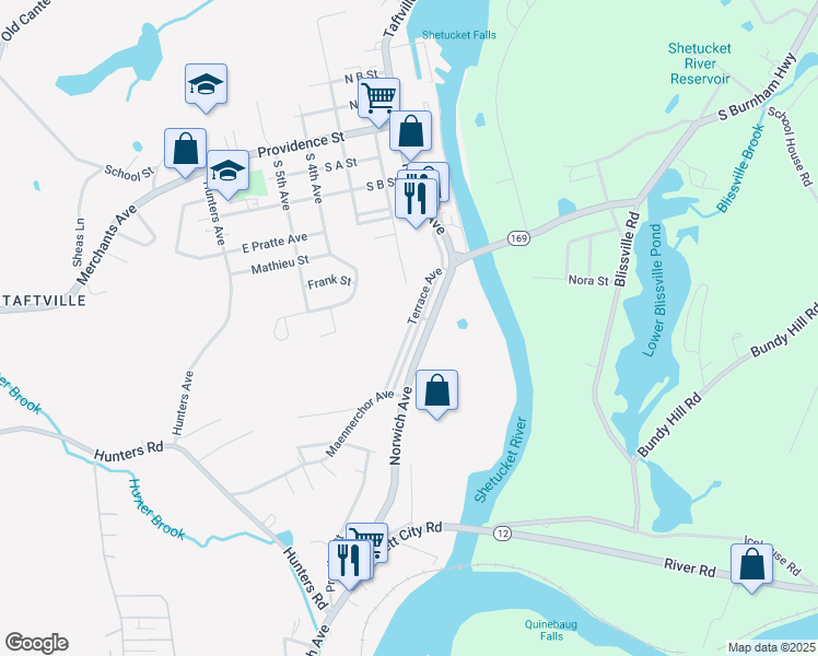 map of restaurants, bars, coffee shops, grocery stores, and more near 11 Terrace Avenue in Norwich