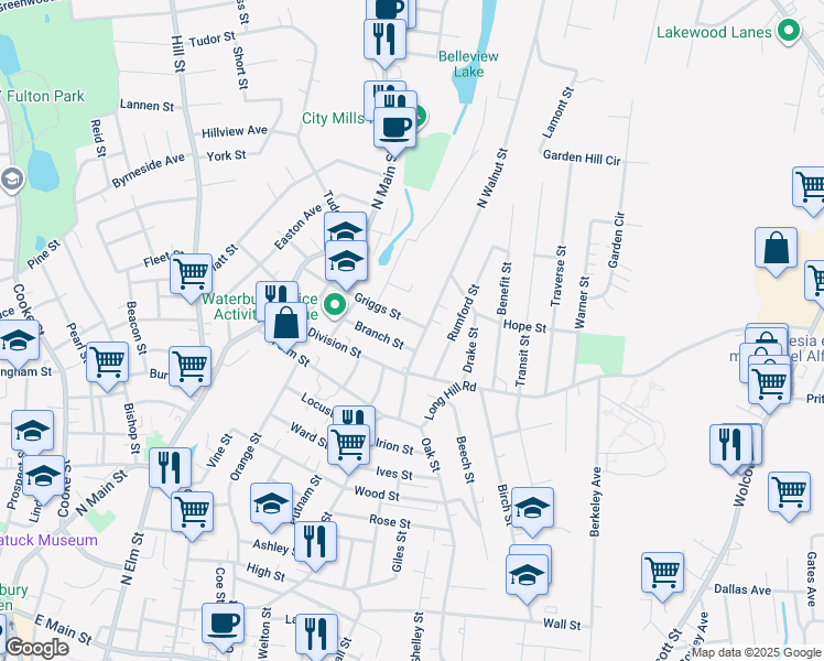 map of restaurants, bars, coffee shops, grocery stores, and more near 25 Rumford Street in Waterbury
