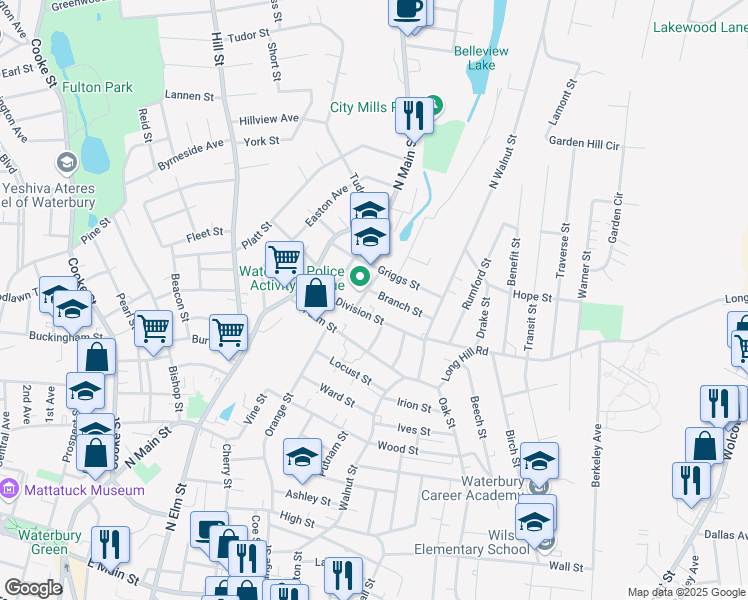 map of restaurants, bars, coffee shops, grocery stores, and more near 89 Division Street in Waterbury