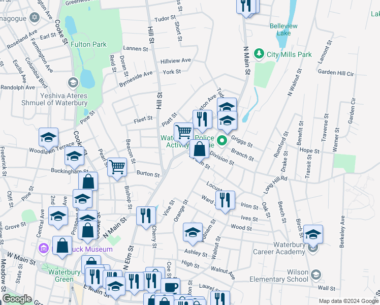 map of restaurants, bars, coffee shops, grocery stores, and more near 23 East Farm Street in Waterbury