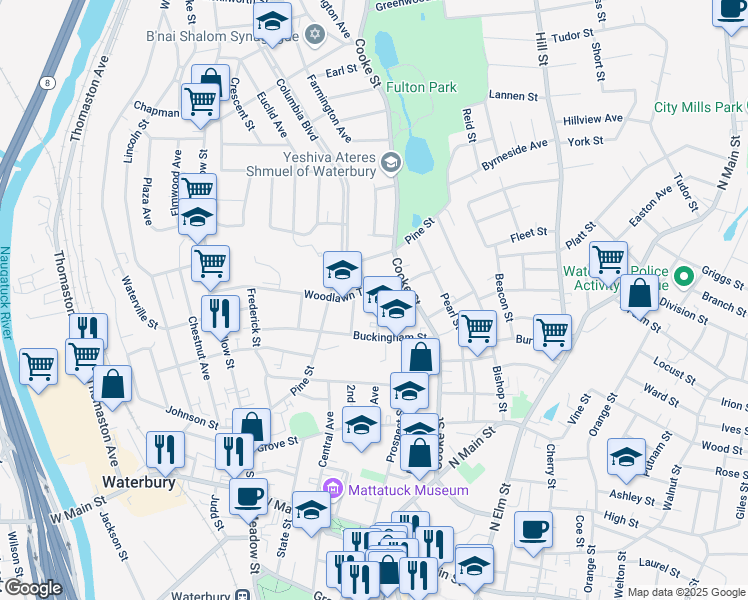 map of restaurants, bars, coffee shops, grocery stores, and more near 34 Murray Street in Waterbury