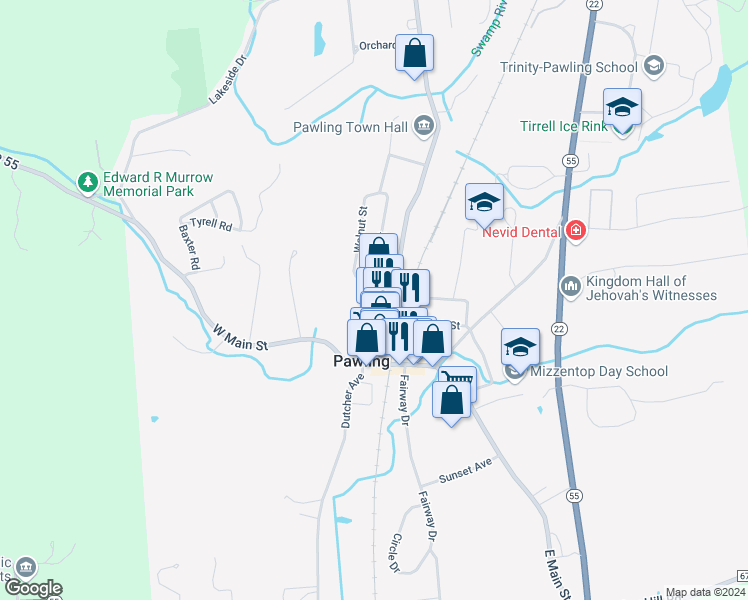 map of restaurants, bars, coffee shops, grocery stores, and more near 5 Broad Street in Pawling