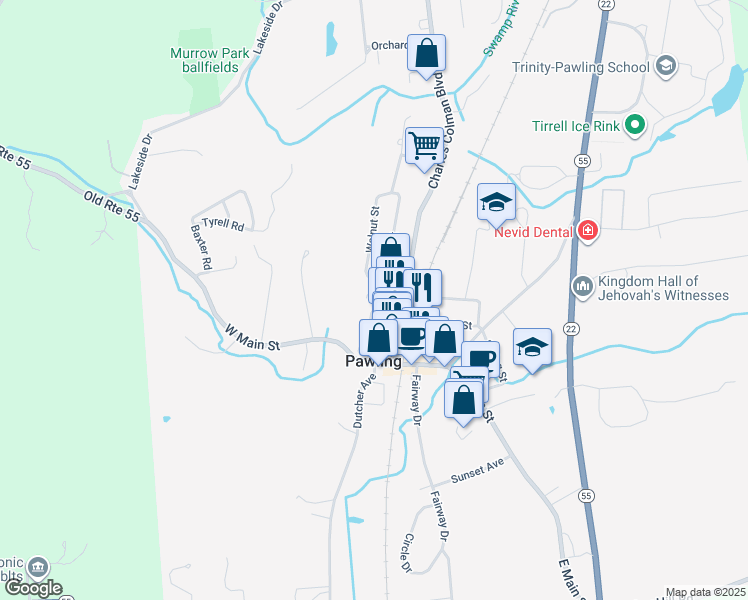 map of restaurants, bars, coffee shops, grocery stores, and more near 5 Broad Street in Pawling
