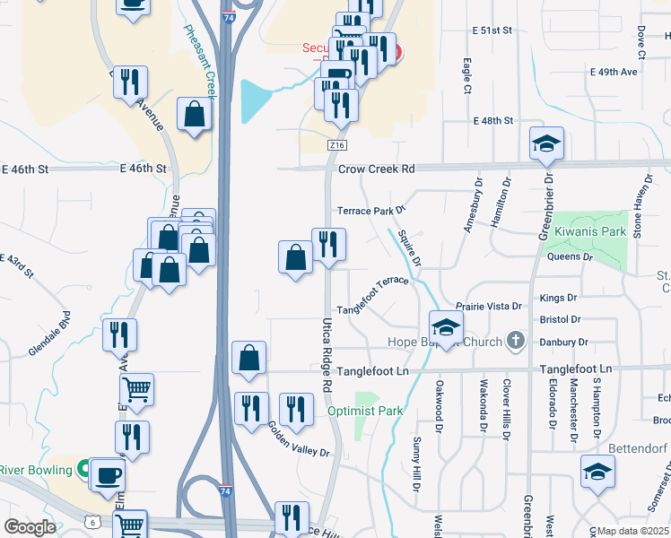 map of restaurants, bars, coffee shops, grocery stores, and more near 4038-4106 Utica Ridge Road in Bettendorf