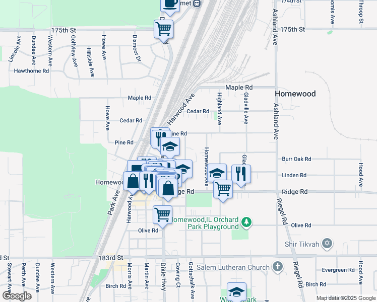 map of restaurants, bars, coffee shops, grocery stores, and more near 17919 Gottschalk Avenue in Homewood