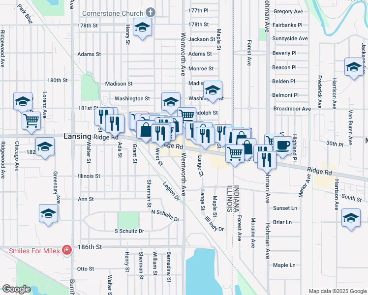 map of restaurants, bars, coffee shops, grocery stores, and more near Ridge Road & Wentworth Avenue in Lansing