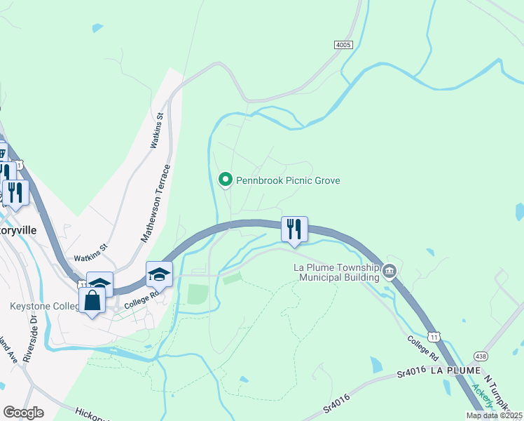 map of restaurants, bars, coffee shops, grocery stores, and more near Tall Timbers Village Trailer Park in Factoryville