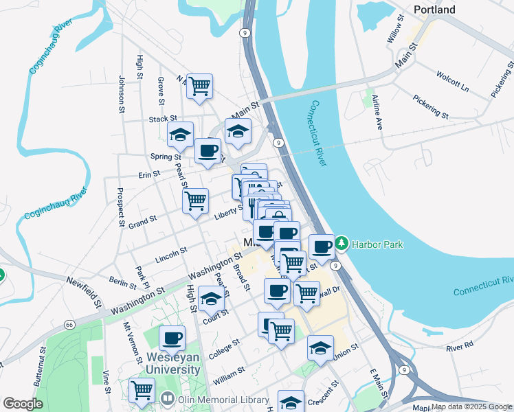 map of restaurants, bars, coffee shops, grocery stores, and more near 73 Ferry Street in Middletown