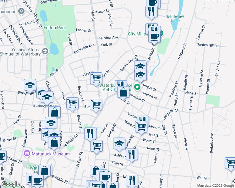 map of restaurants, bars, coffee shops, grocery stores, and more near 23 East Farm Street in Waterbury