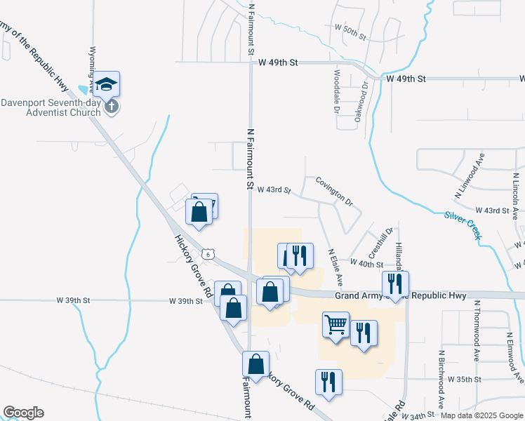 map of restaurants, bars, coffee shops, grocery stores, and more near 4205 North Fairmount Street in Davenport