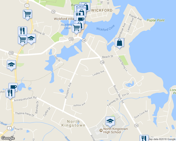 map of restaurants, bars, coffee shops, grocery stores, and more near 36 West Cove Drive in North Kingstown