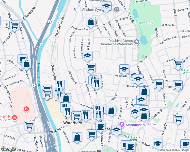 map of restaurants, bars, coffee shops, grocery stores, and more near 11 Ridgewood Street in Waterbury