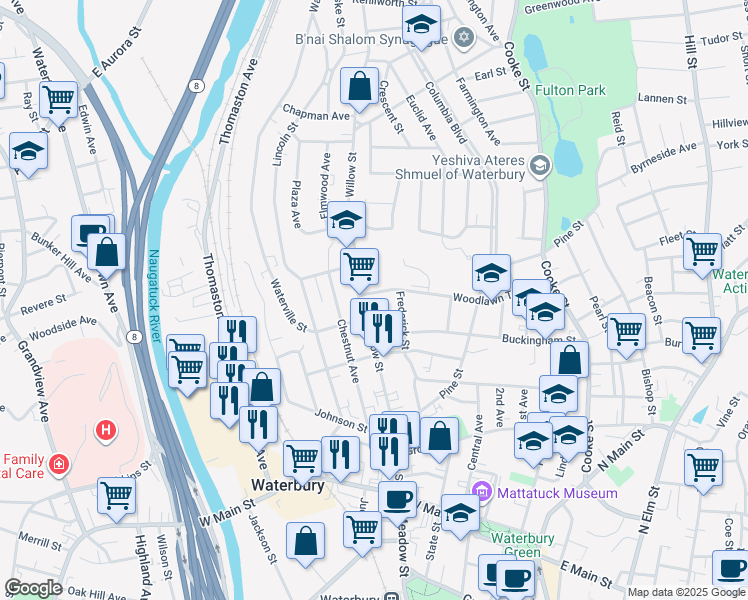 map of restaurants, bars, coffee shops, grocery stores, and more near 215 Willow Street in Waterbury
