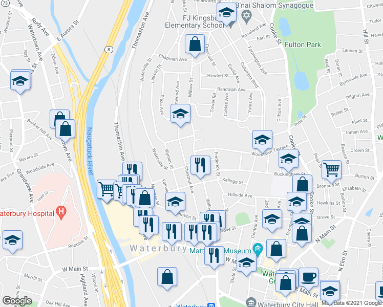 map of restaurants, bars, coffee shops, grocery stores, and more near 215 Willow Street in Waterbury