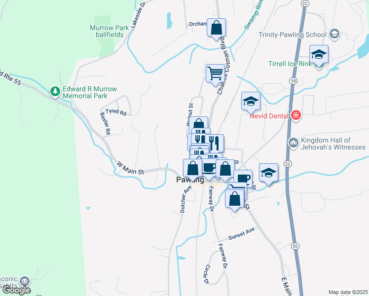 map of restaurants, bars, coffee shops, grocery stores, and more near 14 Oak Street in Pawling