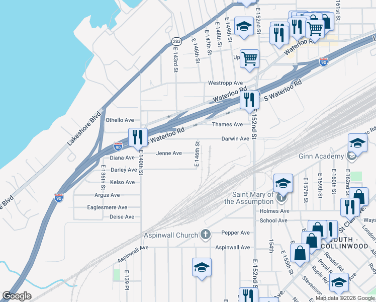 map of restaurants, bars, coffee shops, grocery stores, and more near 14513 Darley Avenue in Cleveland