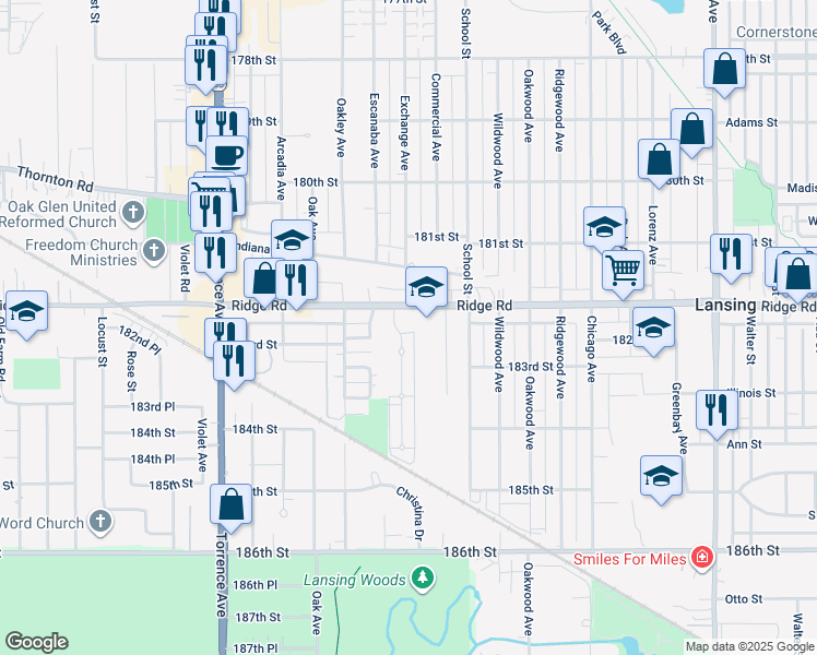 map of restaurants, bars, coffee shops, grocery stores, and more near 18216 Exchange Avenue in Lansing