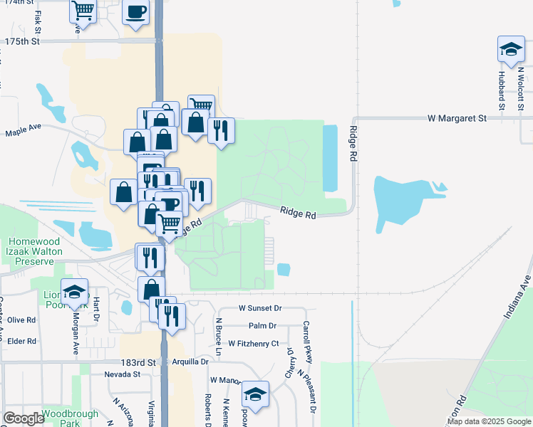 map of restaurants, bars, coffee shops, grocery stores, and more near 16178 South Park Avenue in South Holland