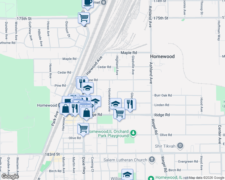 map of restaurants, bars, coffee shops, grocery stores, and more near 17939 Homewood Avenue in Homewood