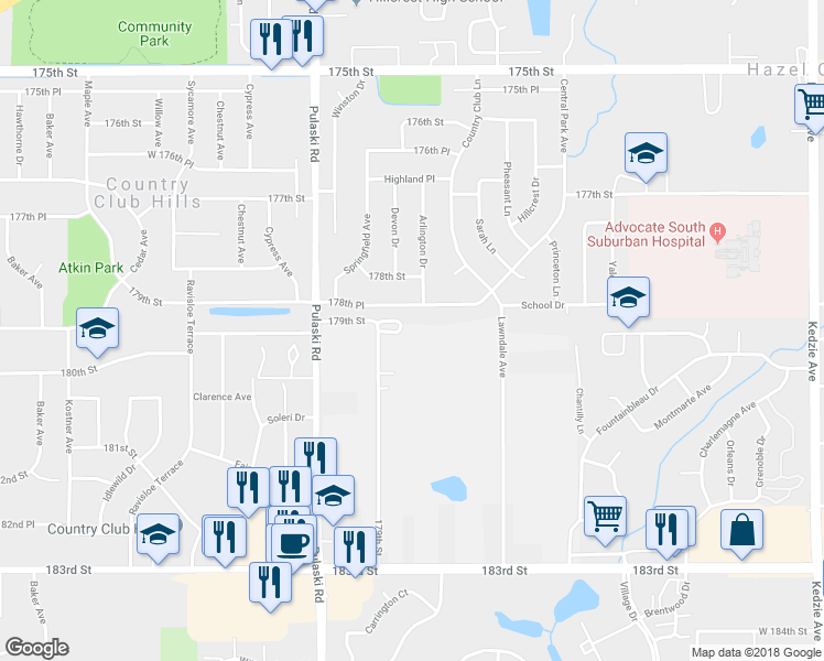 map of restaurants, bars, coffee shops, grocery stores, and more near 17911 Springfield Avenue in Homewood
