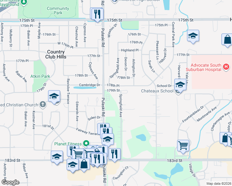 map of restaurants, bars, coffee shops, grocery stores, and more near 17911 Crawford Avenue in Homewood