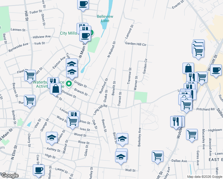 map of restaurants, bars, coffee shops, grocery stores, and more near 56 Benefit Street in Waterbury