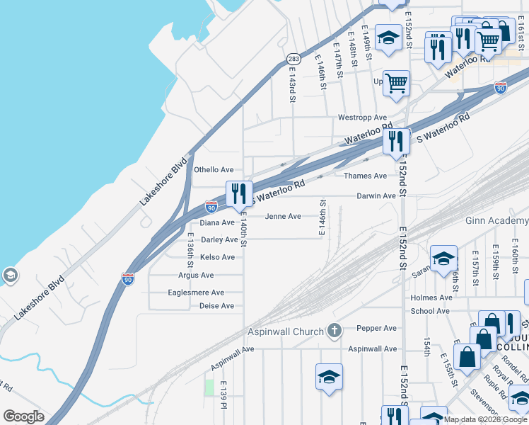 map of restaurants, bars, coffee shops, grocery stores, and more near 14109 Jenne Avenue in Cleveland