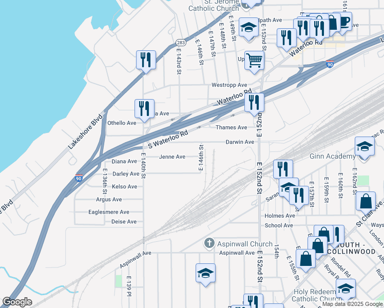 map of restaurants, bars, coffee shops, grocery stores, and more near 14501 Jenne Avenue in Cleveland