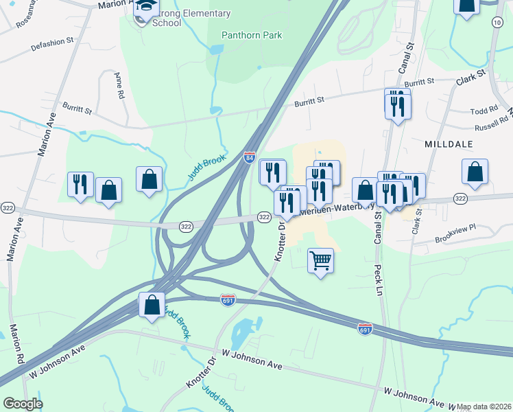 map of restaurants, bars, coffee shops, grocery stores, and more near 185 Ruggles Row in Southington