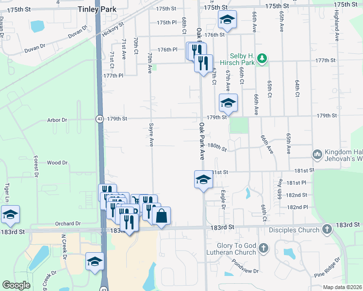 map of restaurants, bars, coffee shops, grocery stores, and more near 6901 180th Street in Tinley Park