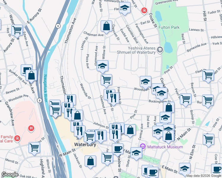 map of restaurants, bars, coffee shops, grocery stores, and more near 215 Woodlawn Terrace in Waterbury